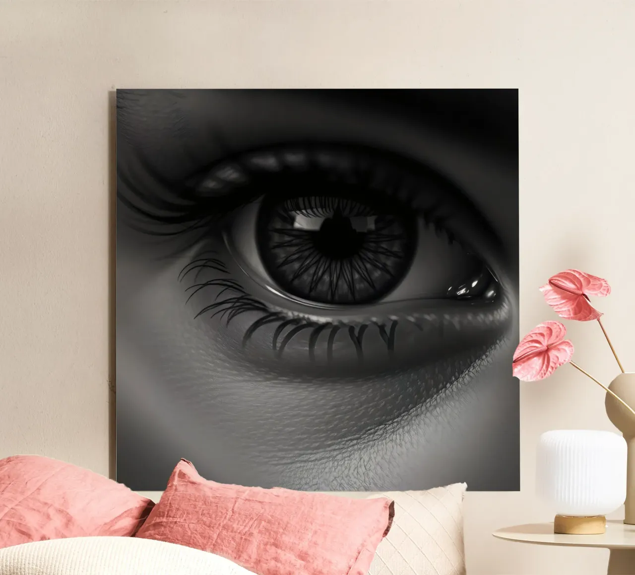 Primo piano di un occhio profondo in bianco e nero con ciglia dettagliate alluminio dibond da DesignDoodle