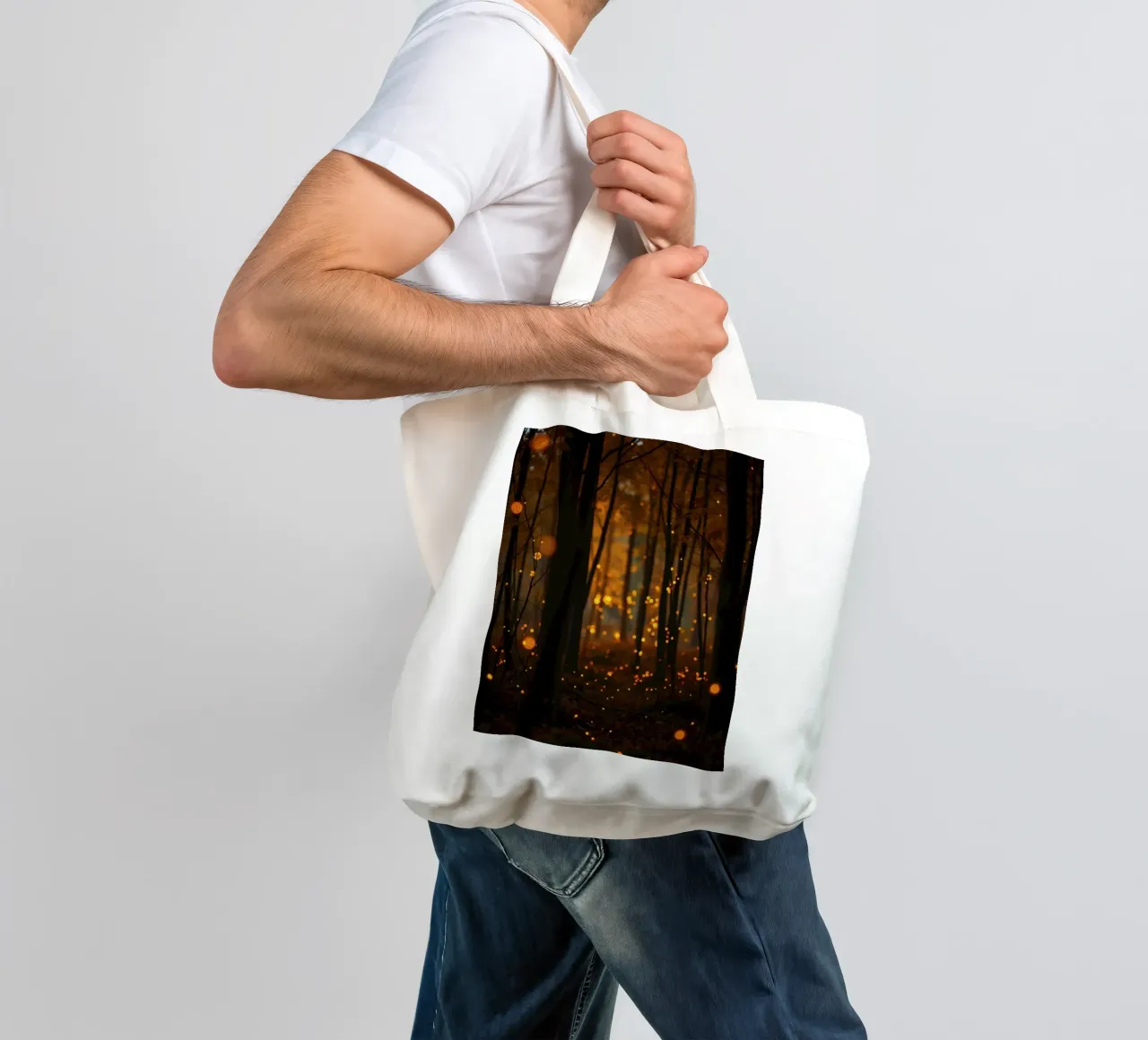 Magical forest filled with glowing fireflies at dusk tote bag by DesignDoodle