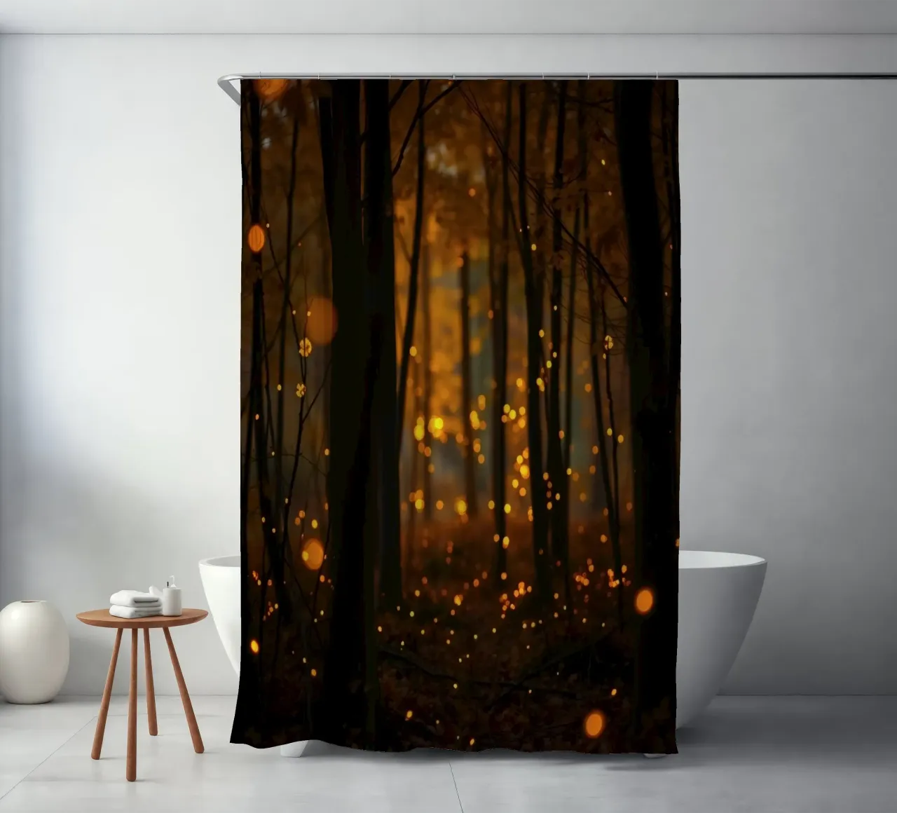 Magischer Wald mit leuchtenden Glühwürmchen in der Abenddämmerung Duschvorhang von DesignDoodle