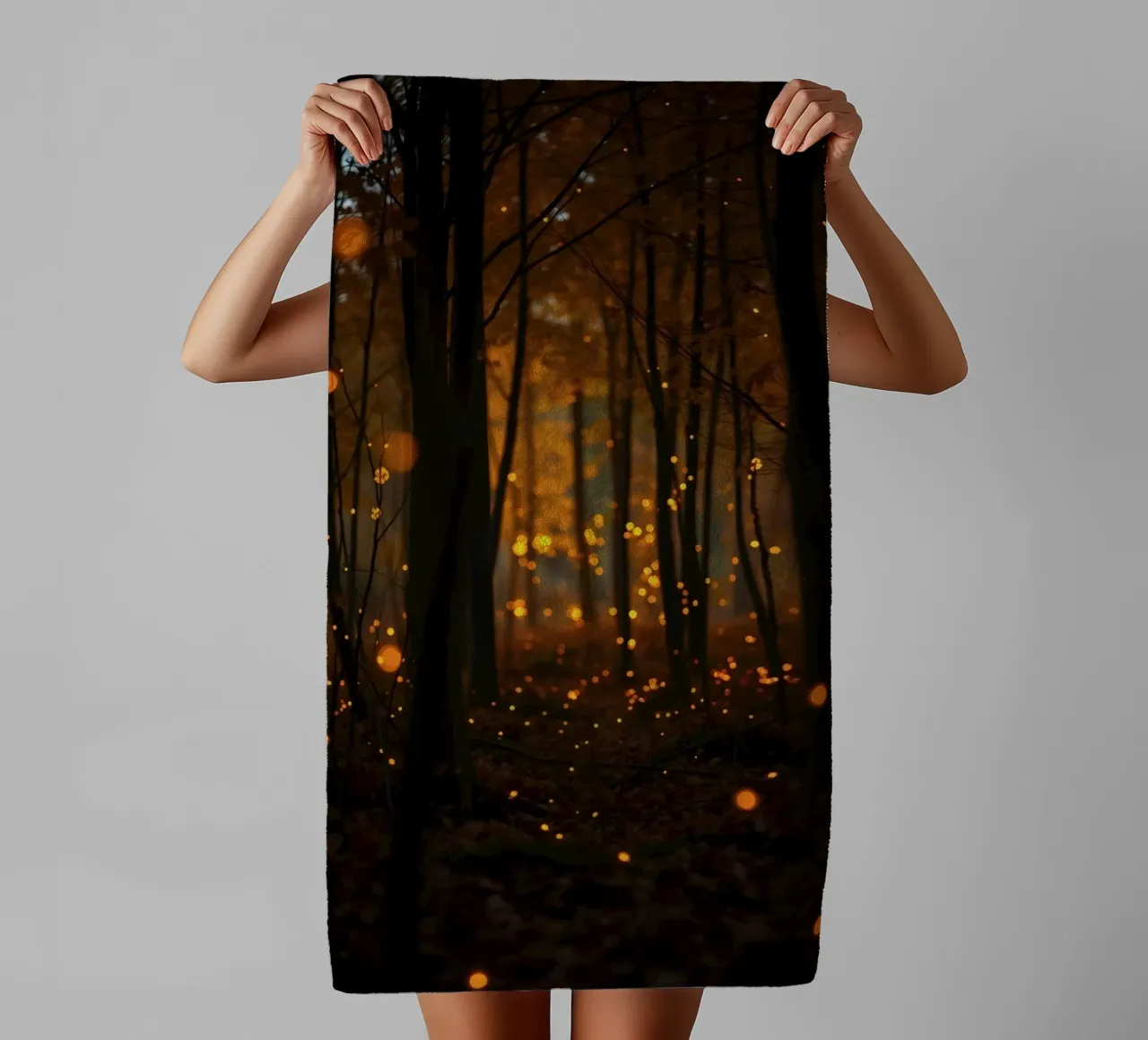 Magical forest filled with glowing fireflies at dusk towel by DesignDoodle