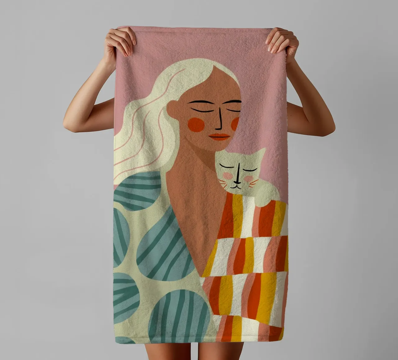 Tired cat woman with decorative patterns towel by Autofocus