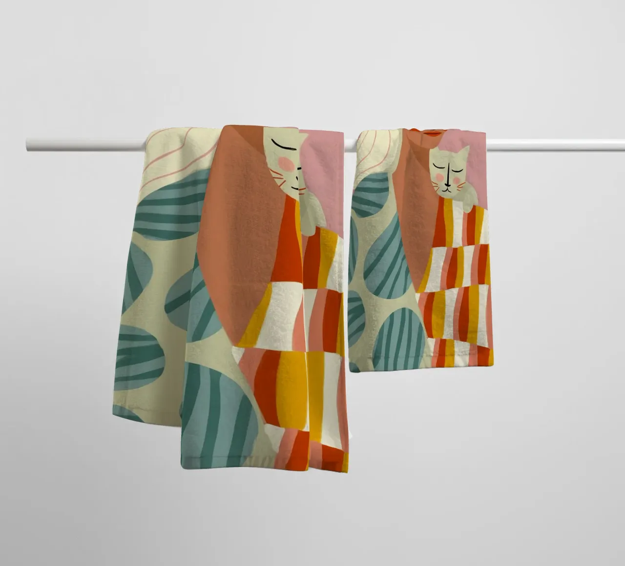 Tired cat woman with decorative patterns towel by Autofocus