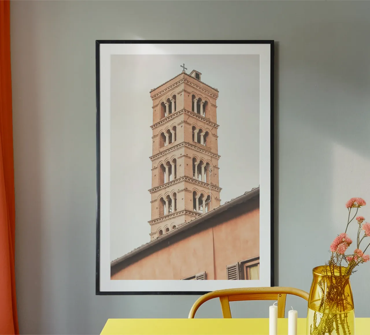Roma, Italia I Campanile di una chiesa in arancione pastello poster con telaio in legno da Julie Travel Photography
