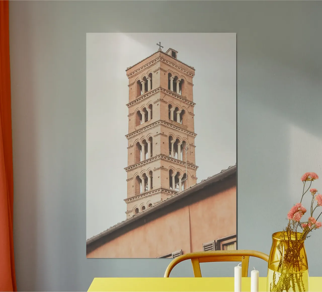Roma, Italia I Campanile di una chiesa in arancione pastello poster con telaio in legno da Julie Travel Photography