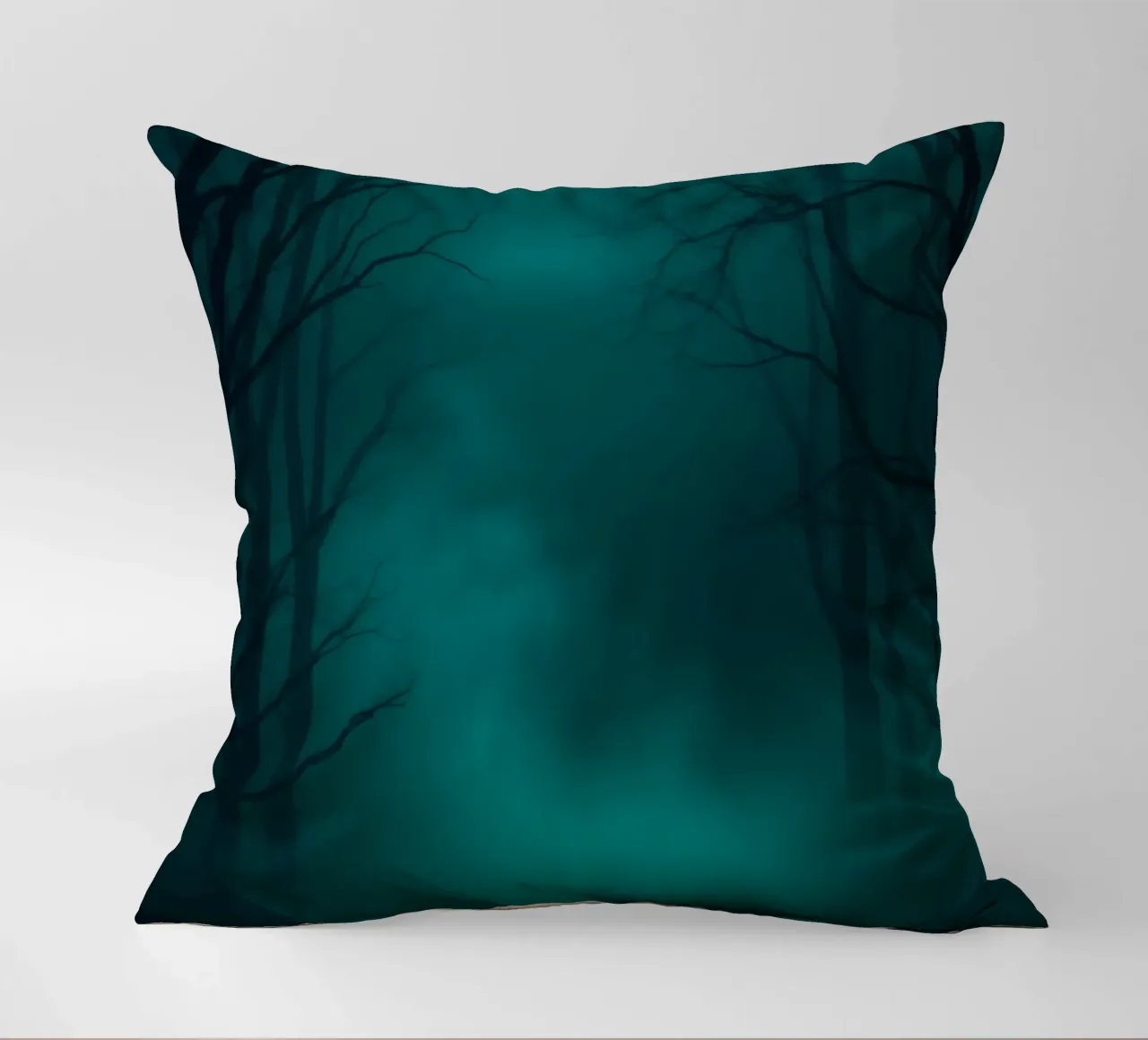 Mysterious forest backdrop with ethereal lighting decorative cushion by DesignDoodle