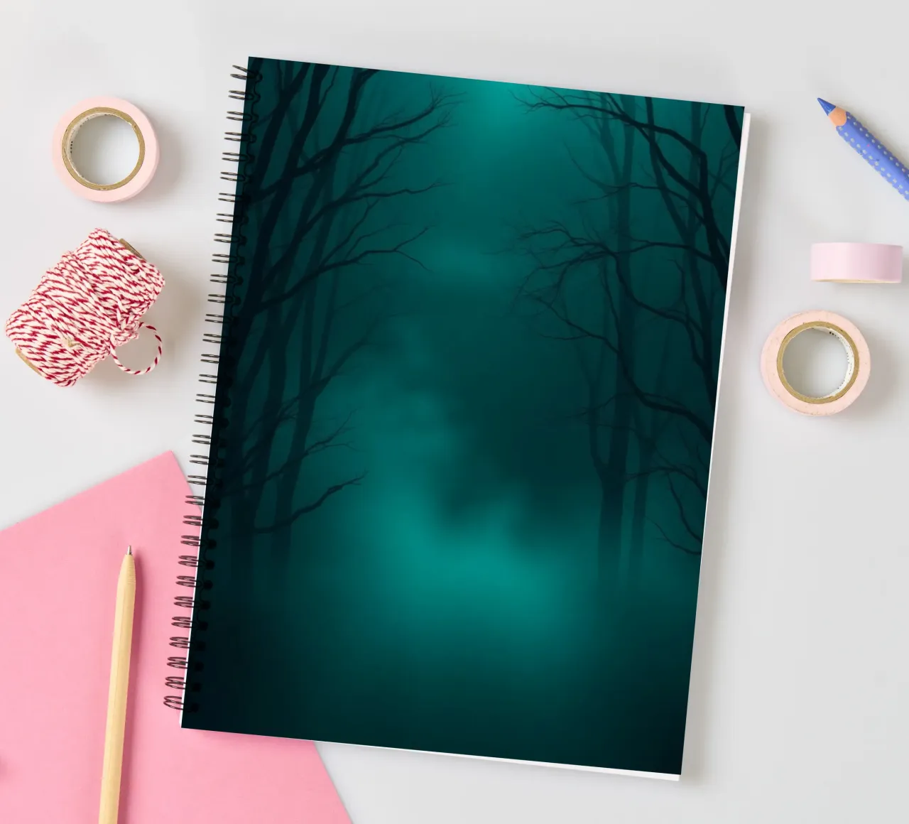 Mysterious forest backdrop with ethereal lighting spiral notebook by DesignDoodle