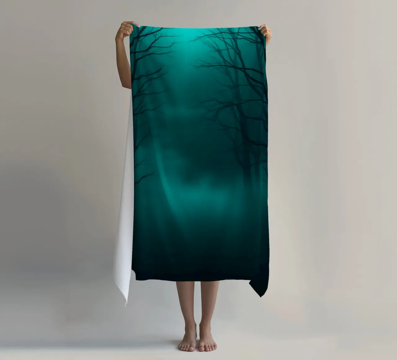 Mysterious forest backdrop with ethereal lighting beach towel by DesignDoodle
