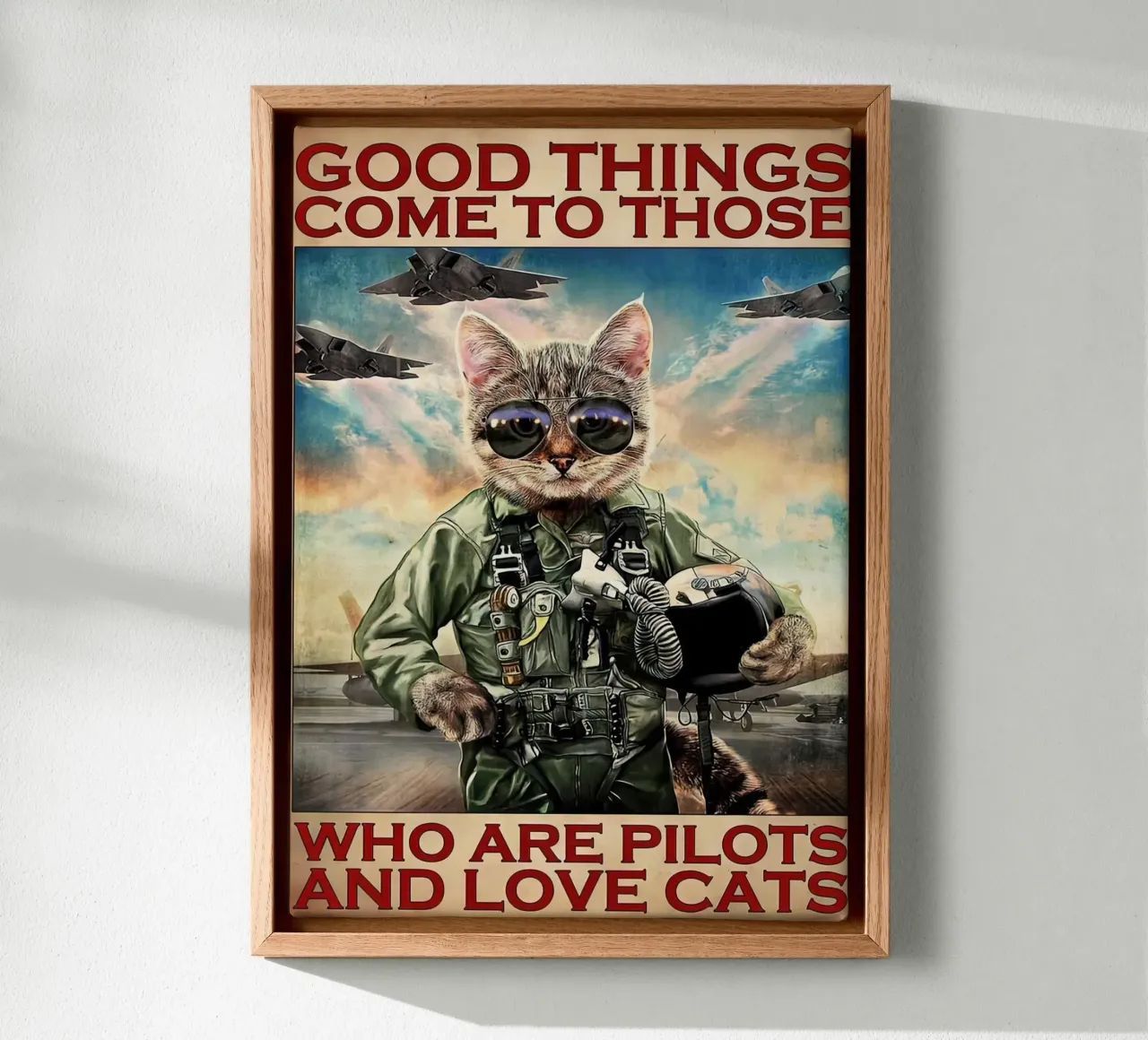 Gute Dinge kommen zu denen, die Piloten sind und Katzen lieben Leinwand mit Schattenfugenrahmen von Aaronshop