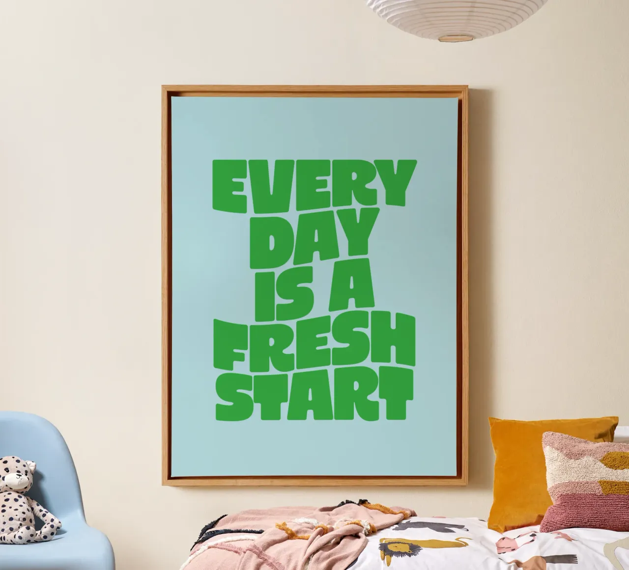Every Day is a Fresh Start Typografie Print in Groenblauw canvas van THE MOTIVATED TYPE
