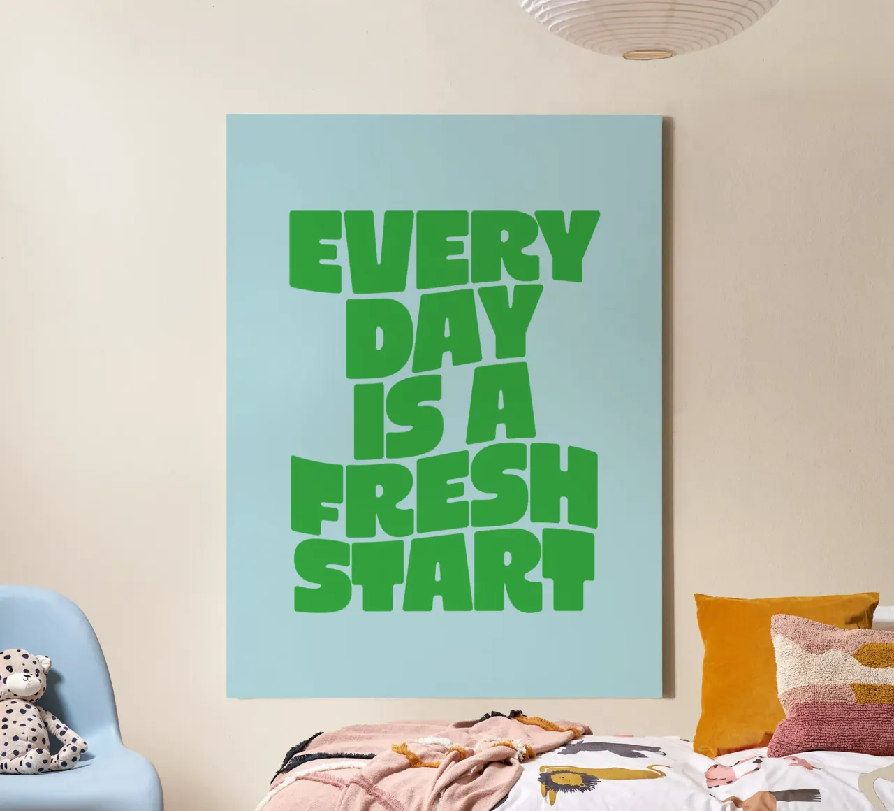 Every Day is a Fresh Start Typografie Print in Groenblauw canvas van THE MOTIVATED TYPE