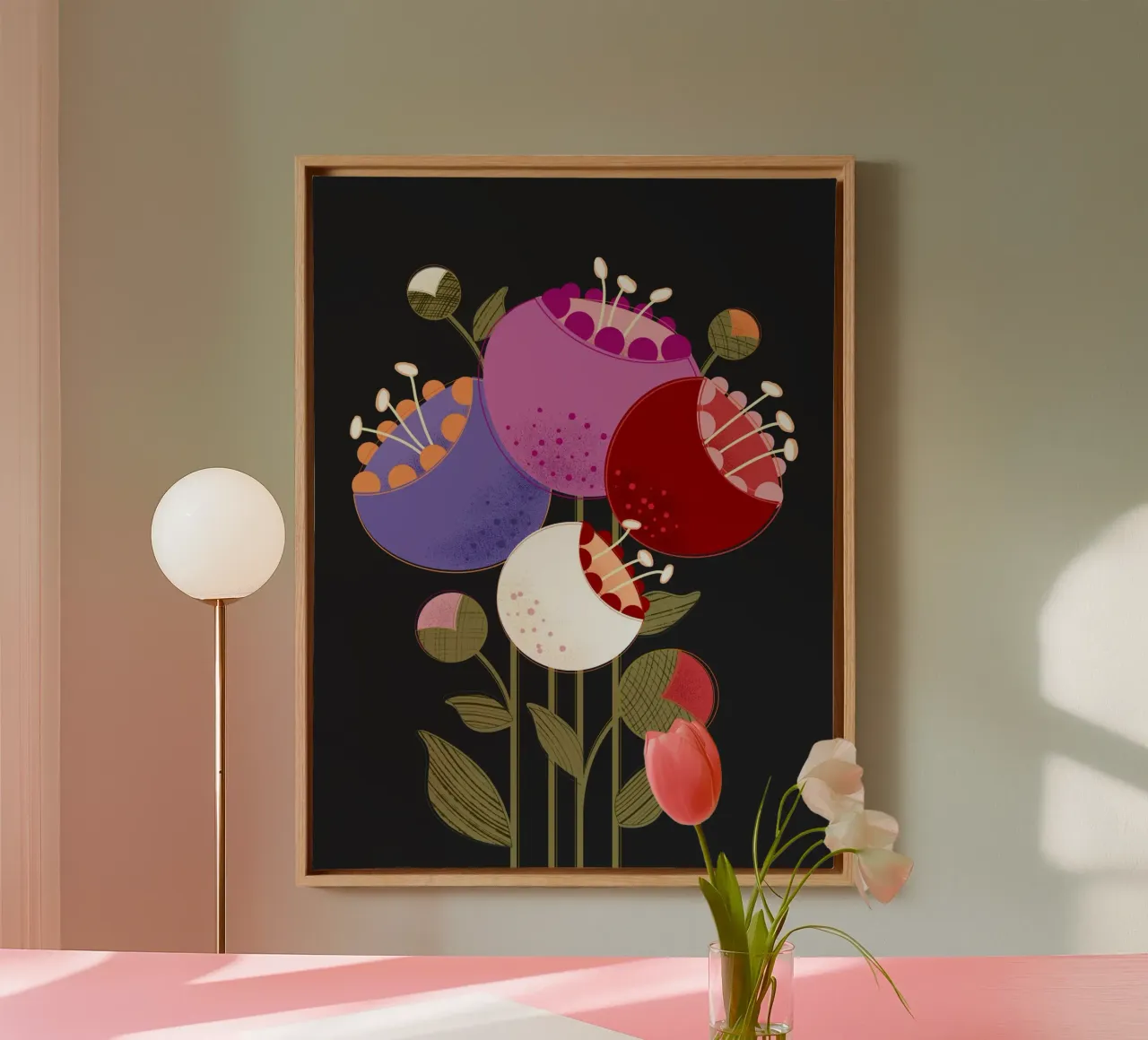 Moderne abstracte bloemen op zwart canvas van showmemars