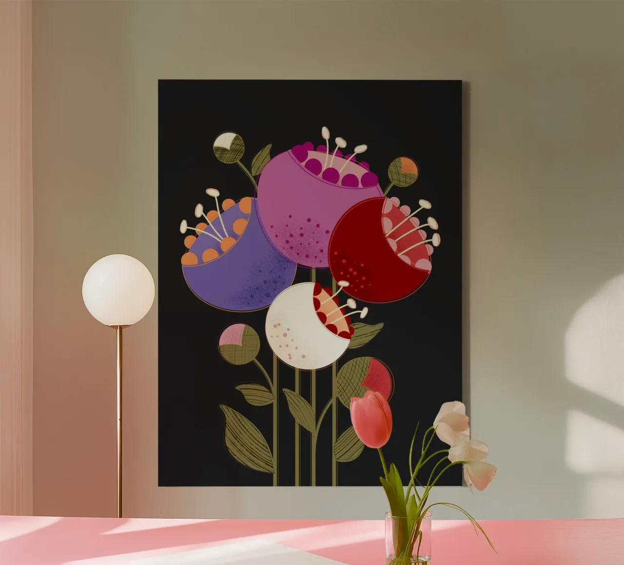 Moderne abstracte bloemen op zwart canvas van showmemars