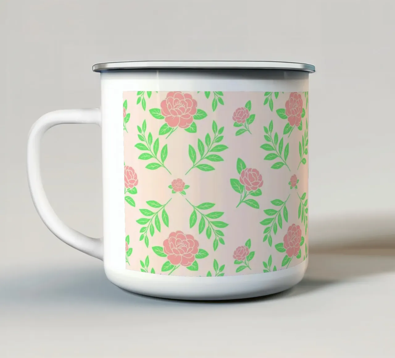 Camelia Damasco Pesca e Verde tazza in smalto da SilverPegasus