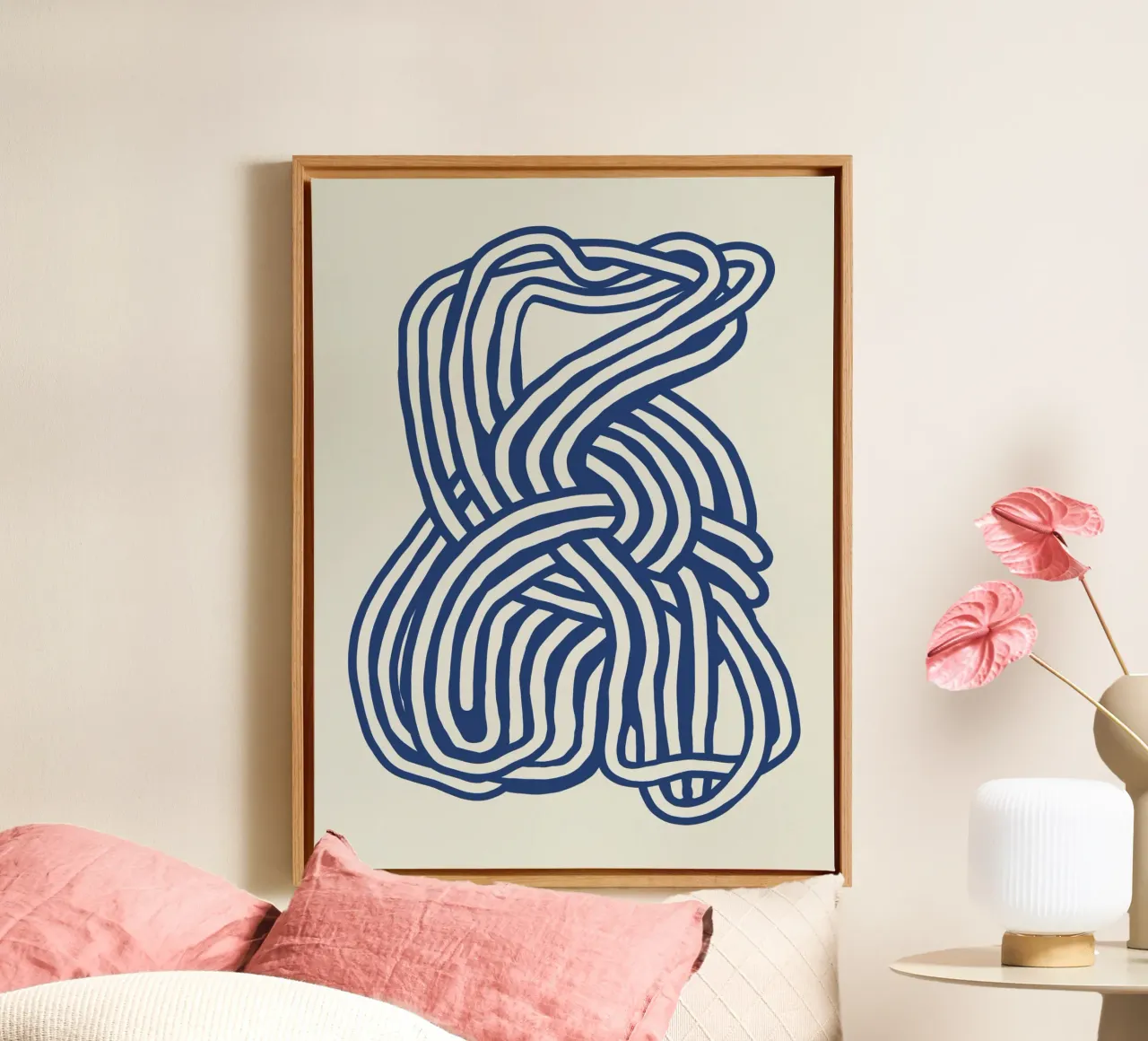 Lijnkunst organische vorm in blauw 02 canvas met Baklijst van Little Dean