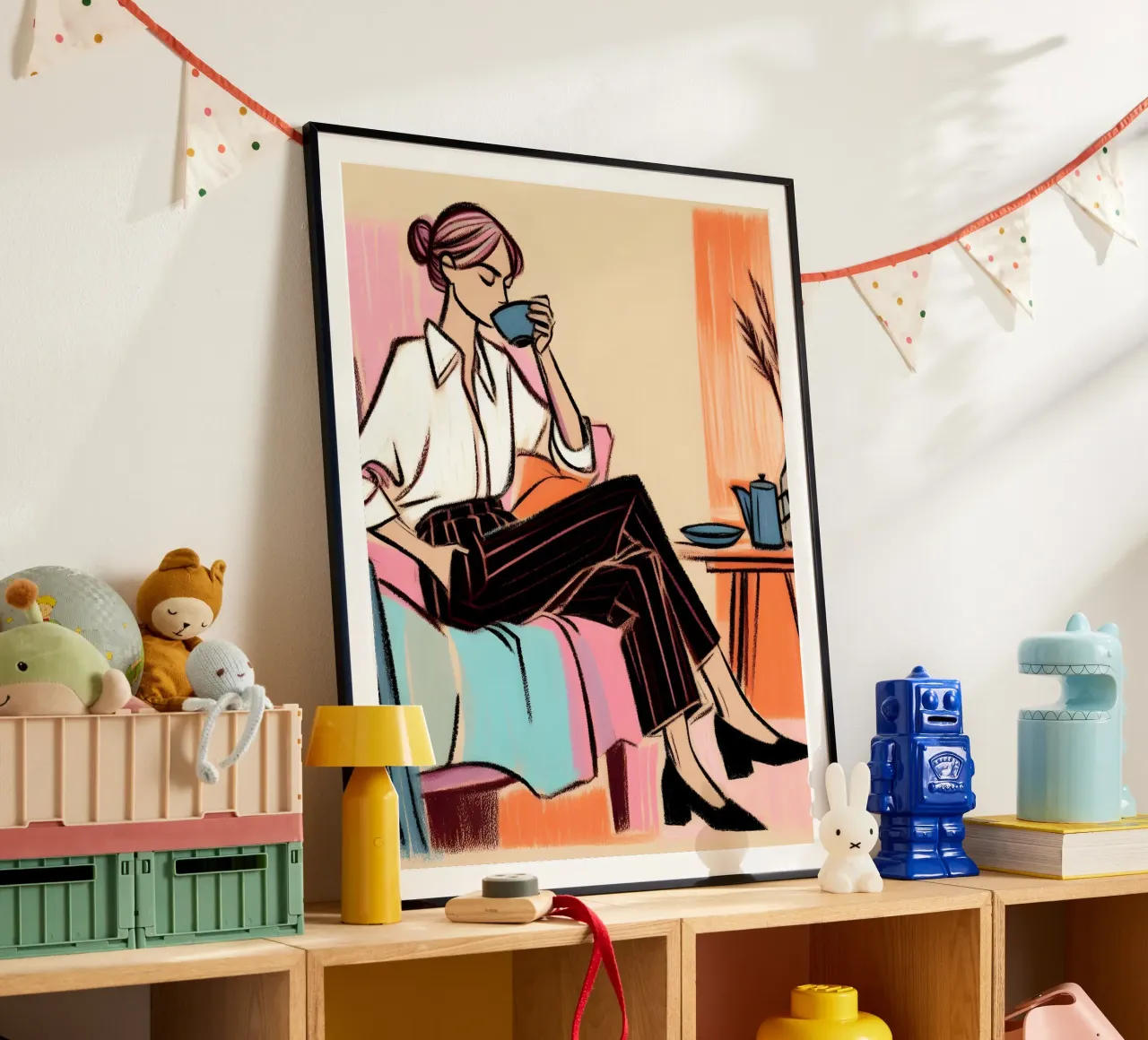 Donna calma ritratto rilassante poster con telaio in plastica da ARTOMATIC