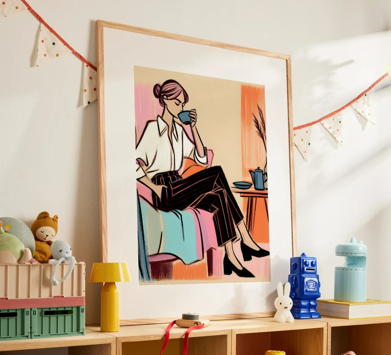 Donna calma ritratto rilassante poster con telaio in plastica da ARTOMATIC