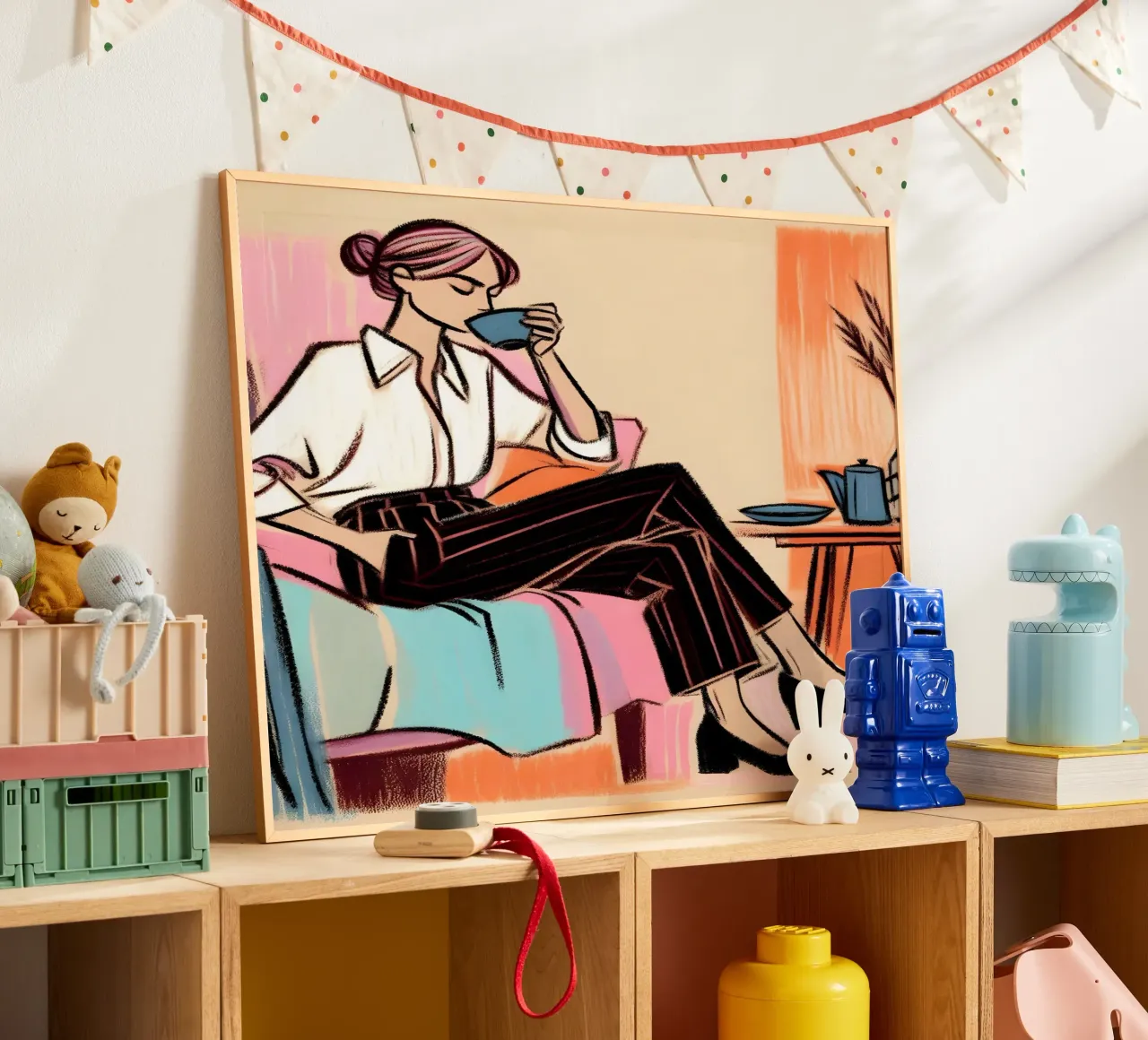 Donna calma ritratto rilassante poster con telaio in plastica da ARTOMATIC