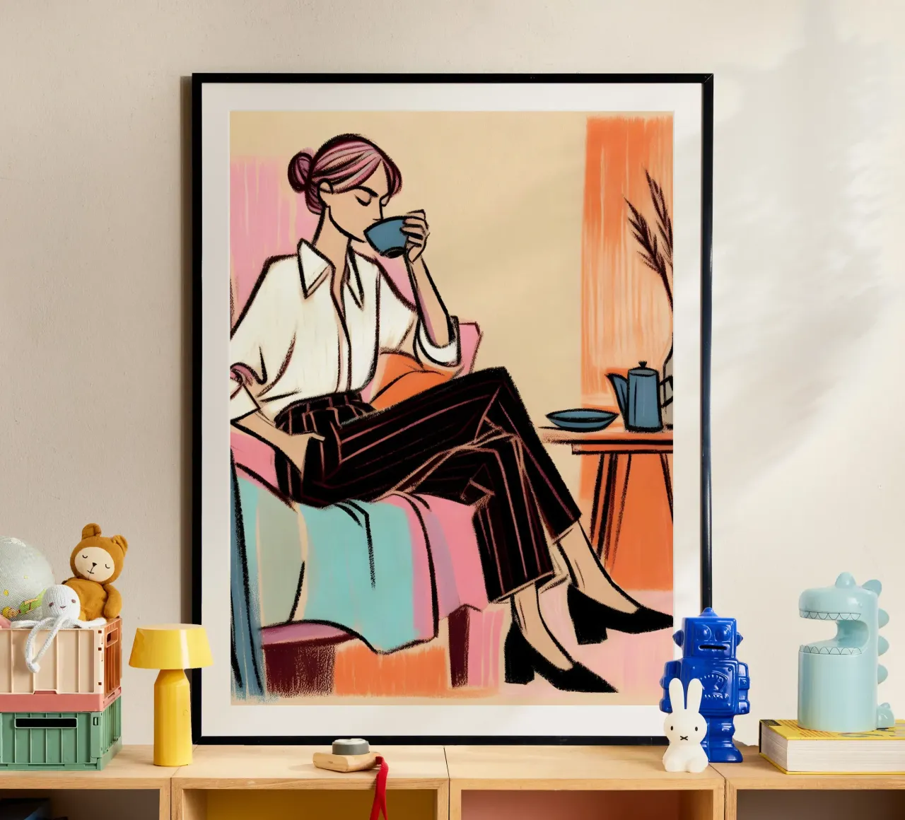Donna calma ritratto rilassante poster con telaio in plastica da ARTOMATIC