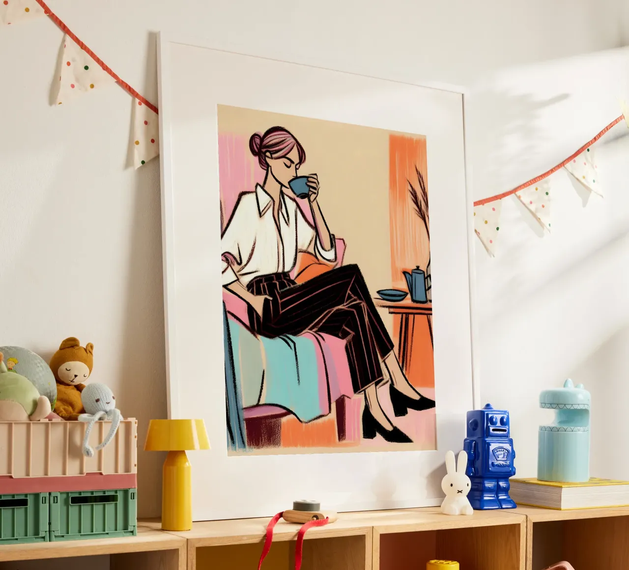 Donna calma ritratto rilassante poster con telaio in plastica da ARTOMATIC