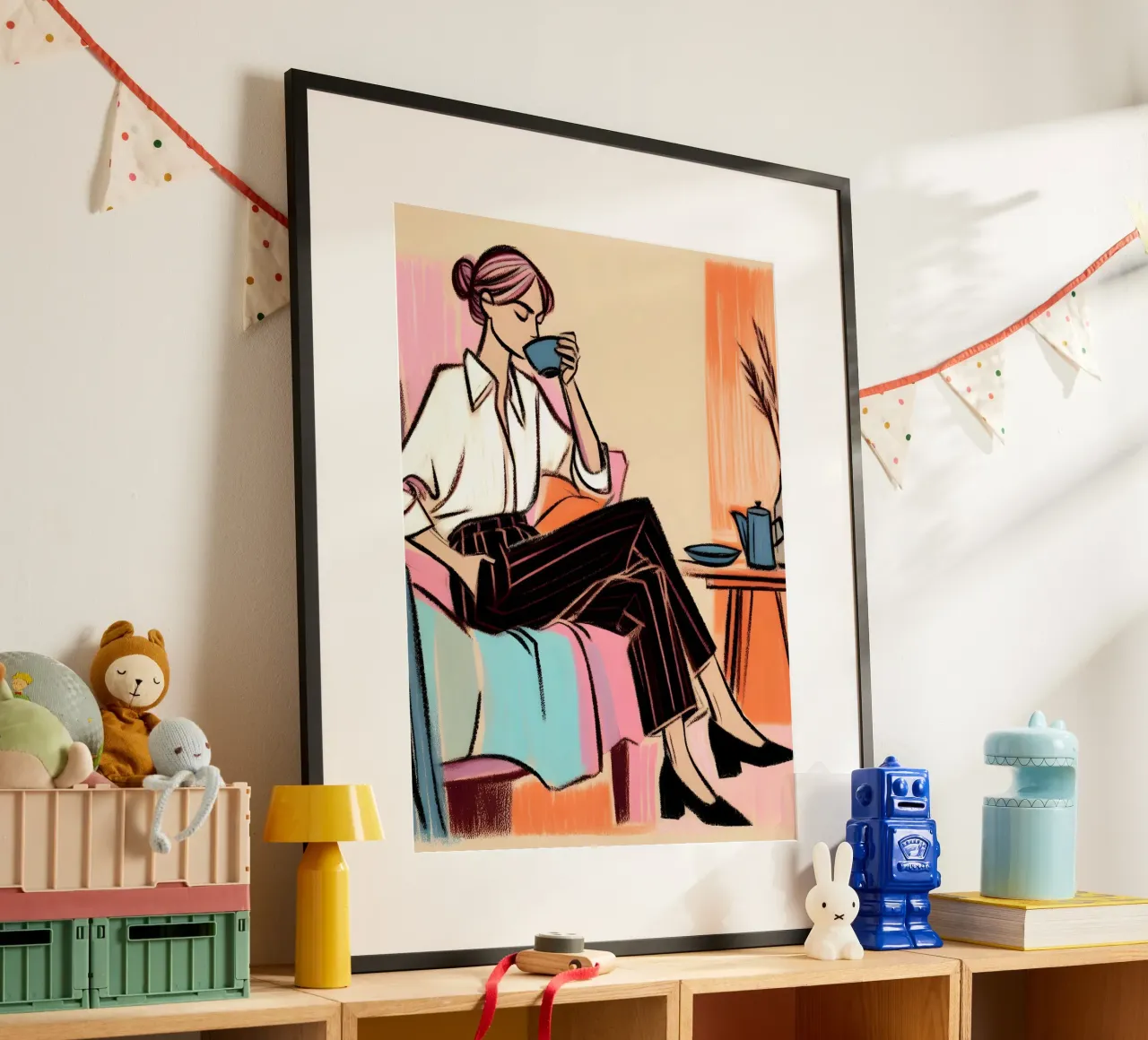 Donna calma ritratto rilassante poster con telaio in plastica da ARTOMATIC