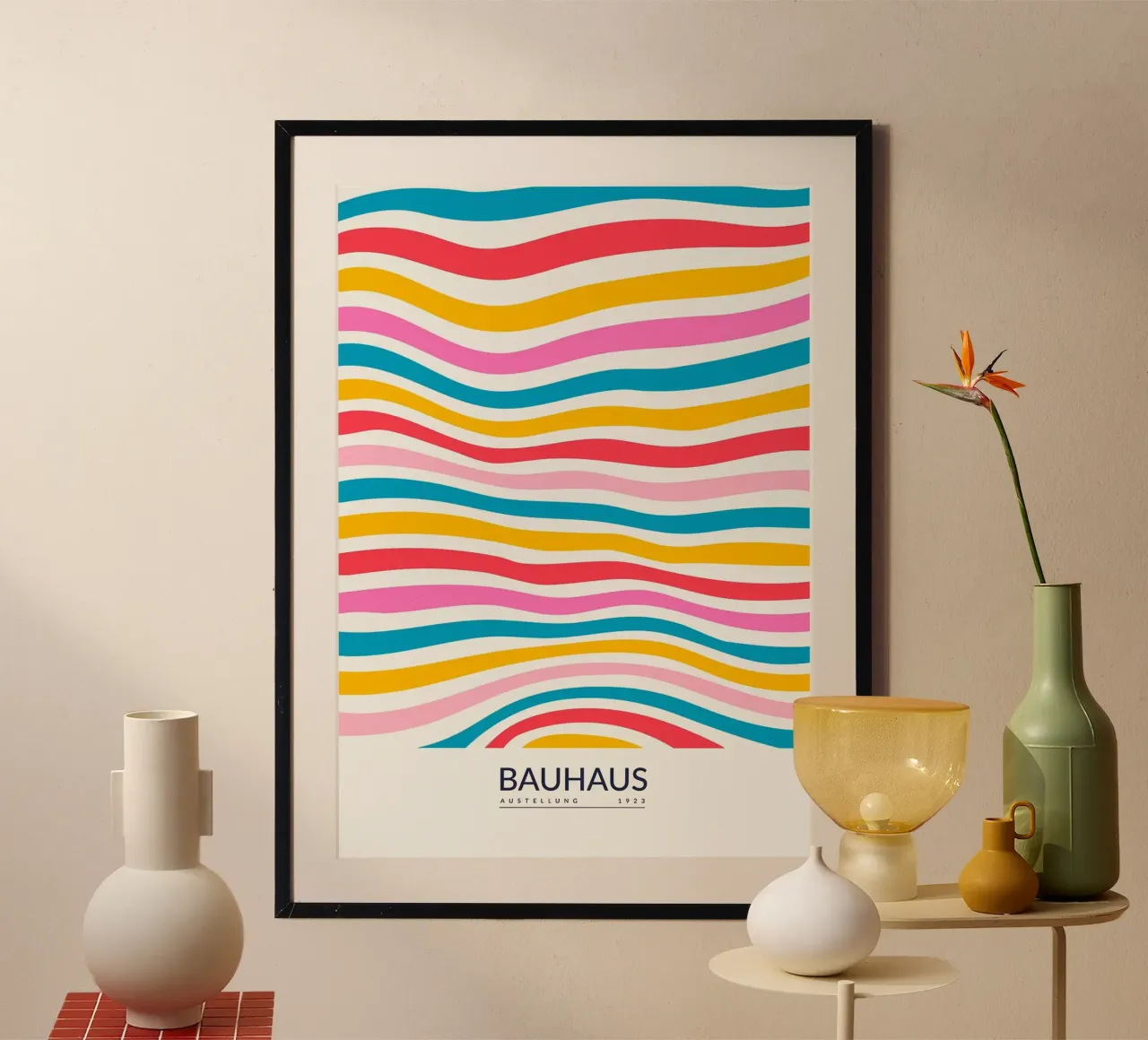 Bauhaus waves stripes colorful repetition poster with aluminum frame by Dale Edward YoungJr
