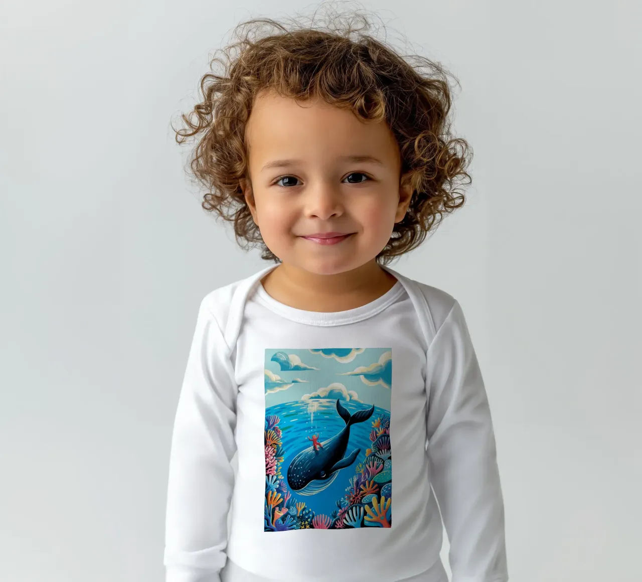 Majestic Whale Voyage long-sleeve baby romper by Silent Hue