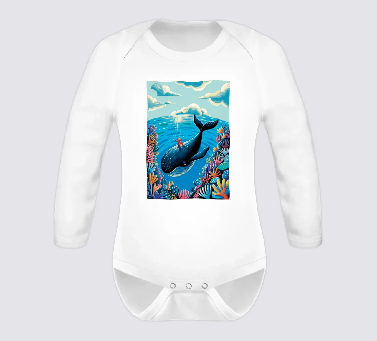 Majestic Whale Voyage long-sleeve baby romper by Silent Hue