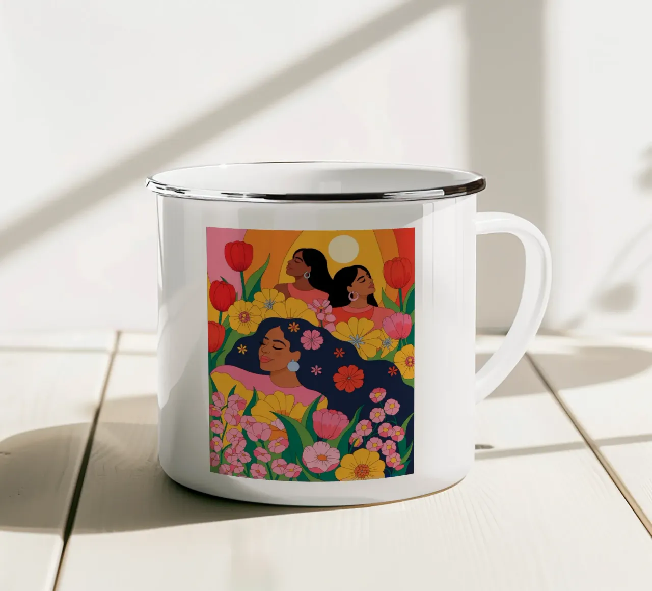 Abbraccio al tramonto in fiore tazza in smalto da Silent Hue