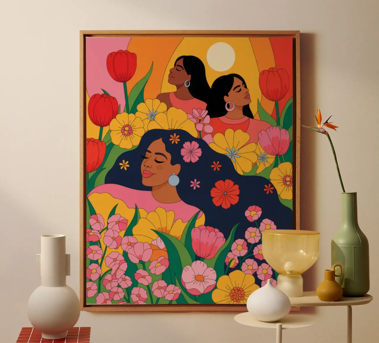 Abbraccio al tramonto in fiore tela con Cornice a cassetta da Silent Hue