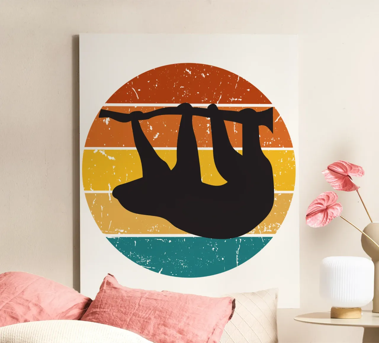 Sloth in front of retro sunset canvas by SlothStella