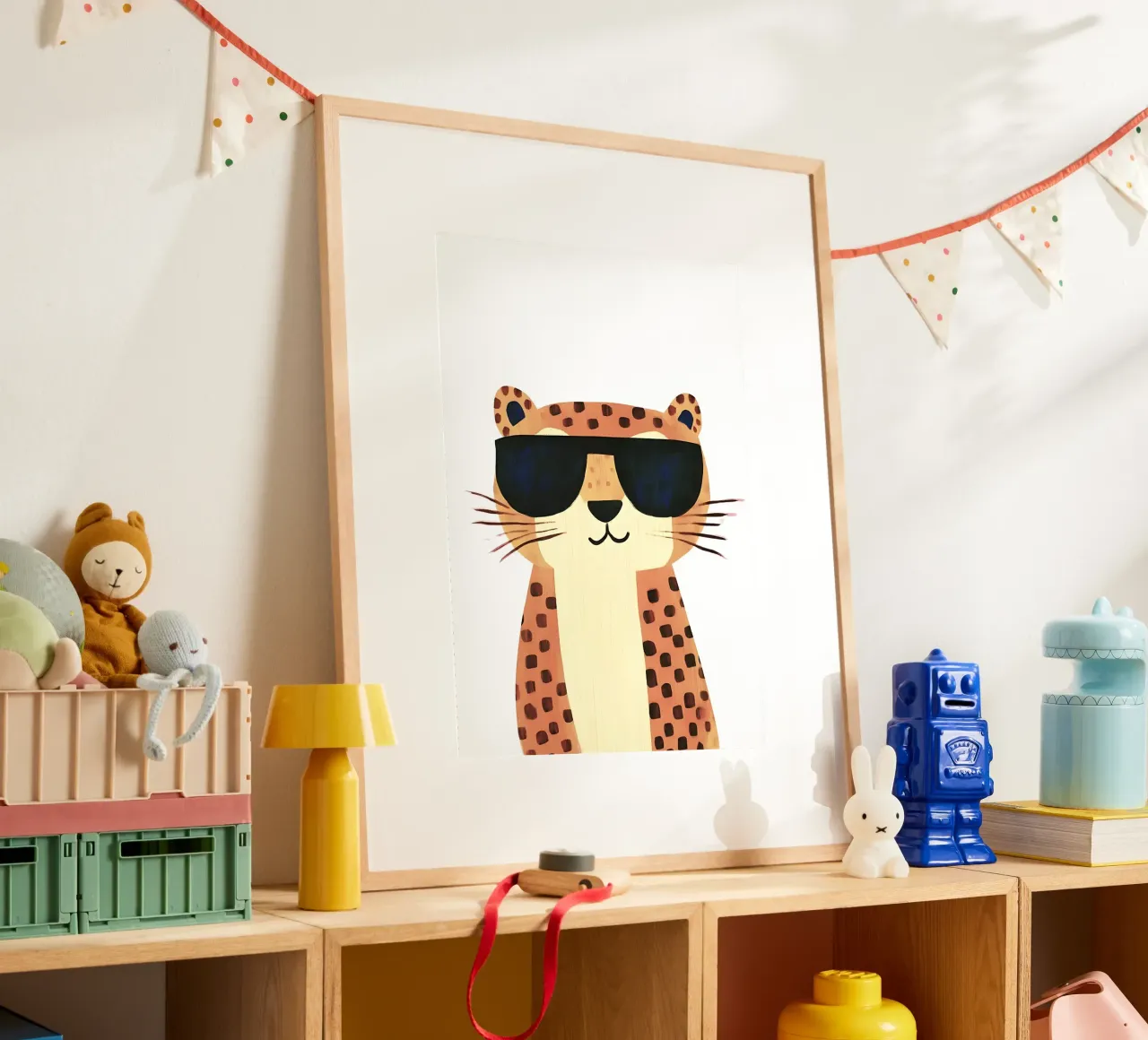 Gatto cool, poster per bambini, gatto con occhiali da sole, decorazioni per la cameretta poster con telaio in legno da Little Lola