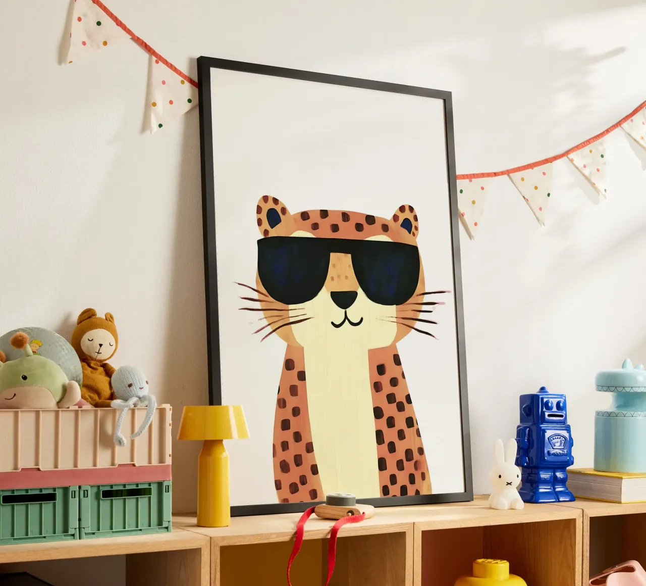 Gatto cool, poster per bambini, gatto con occhiali da sole, decorazioni per la cameretta poster con telaio in legno da Little Lola