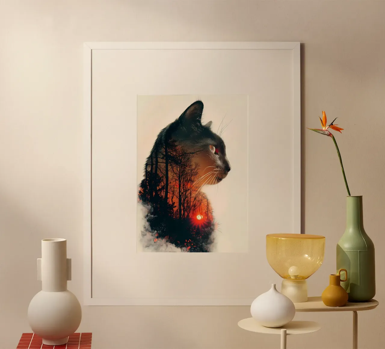 silhouette di gatto nella foresta poster con telaio in alluminio da Kirsten C Nolan