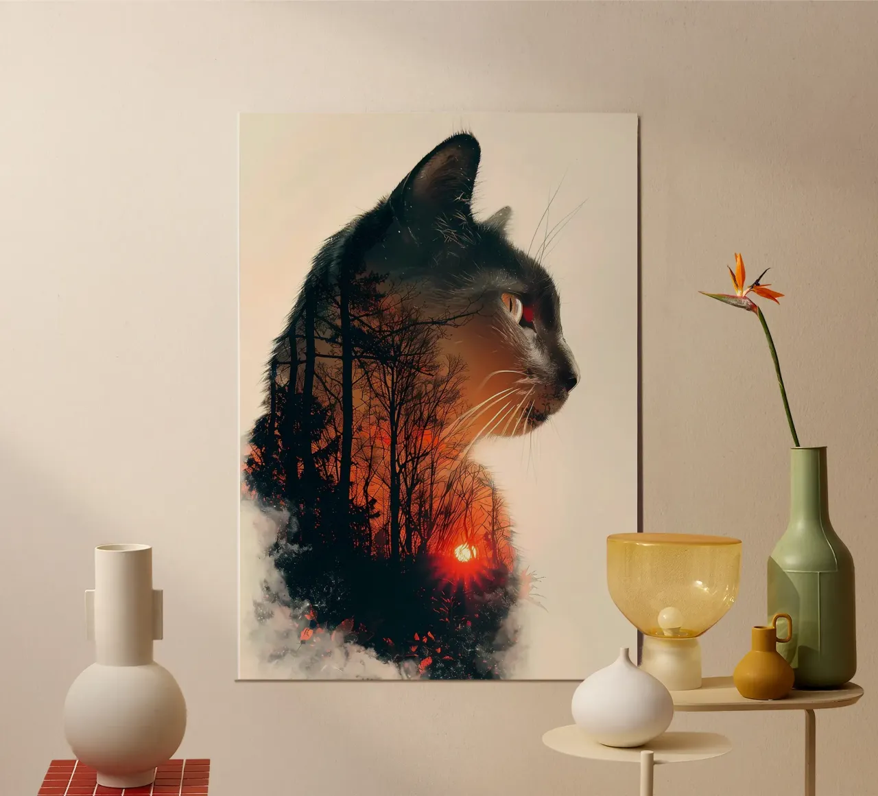 silhouette di gatto nella foresta poster con telaio in alluminio da Kirsten C Nolan