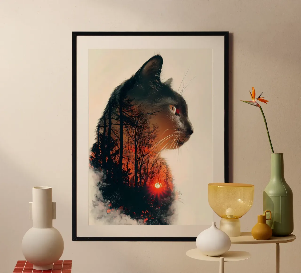 silhouette di gatto nella foresta poster con telaio in alluminio da Kirsten C Nolan
