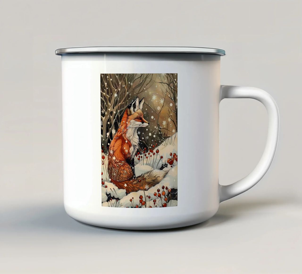 volpe neve bacche alberi tazza in smalto da James Isaac Jackson