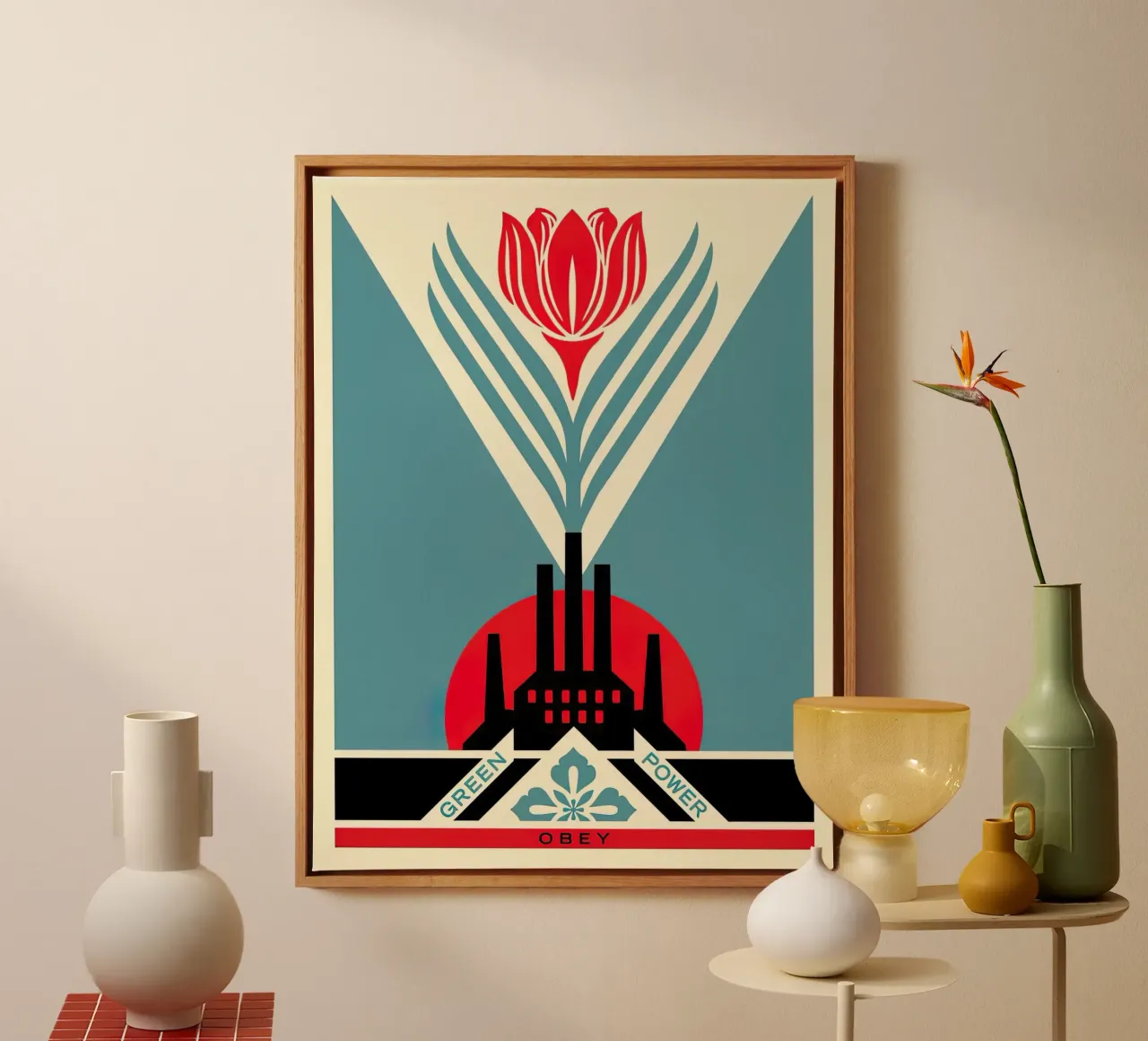 Groene stroom - Shepard fairey canvas met Baklijst van American Poster