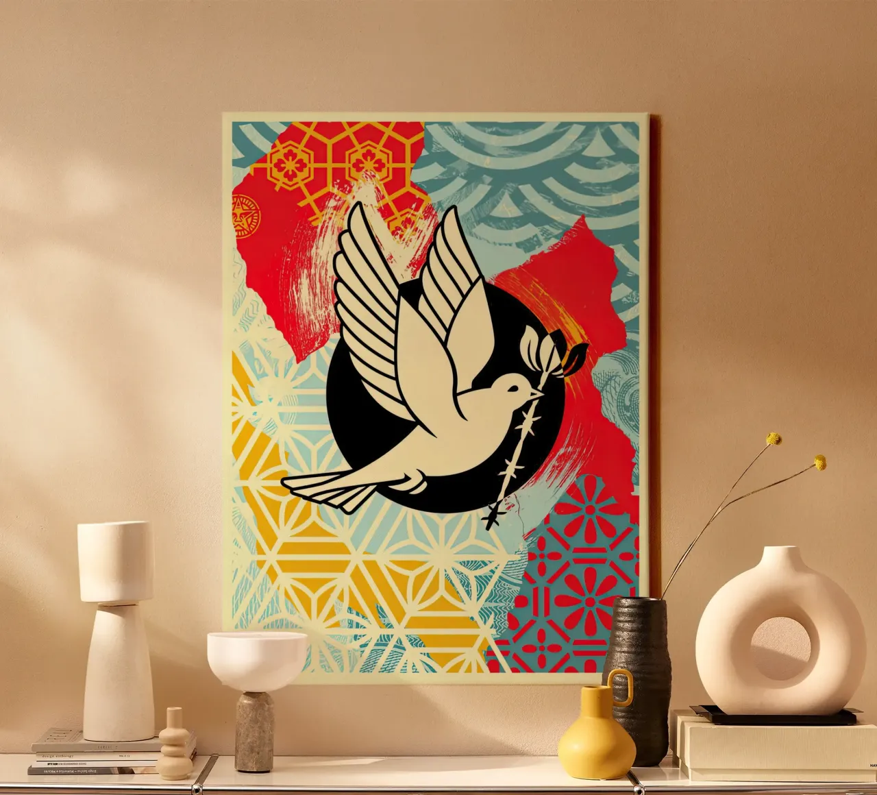 BARB WIRE DOVE COLLAGE tela con Cornice a cassetta da American Poster