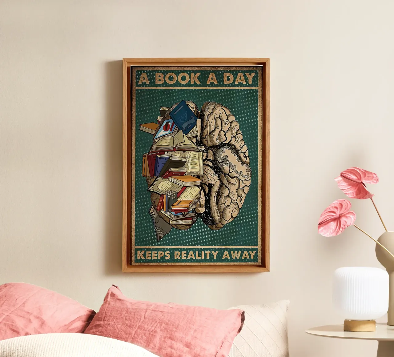 A Book A Day Keeps Reality Away canvas with Floater frame by American Poster
