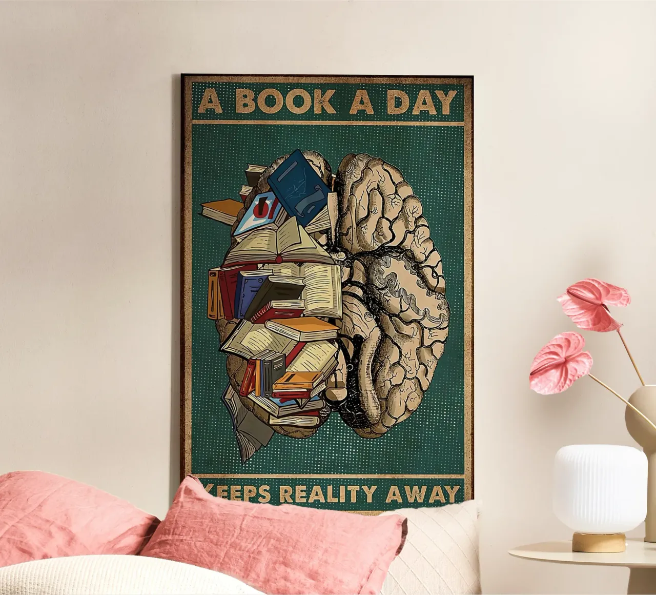 A Book A Day Keeps Reality Away canvas with Floater frame by American Poster