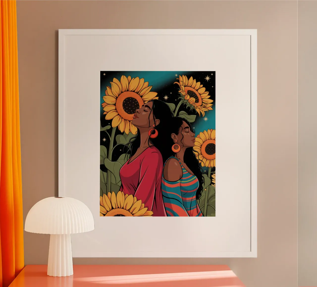Sonnenblumennacht Umarmung Poster mit Holzrahmen von Silent Hue