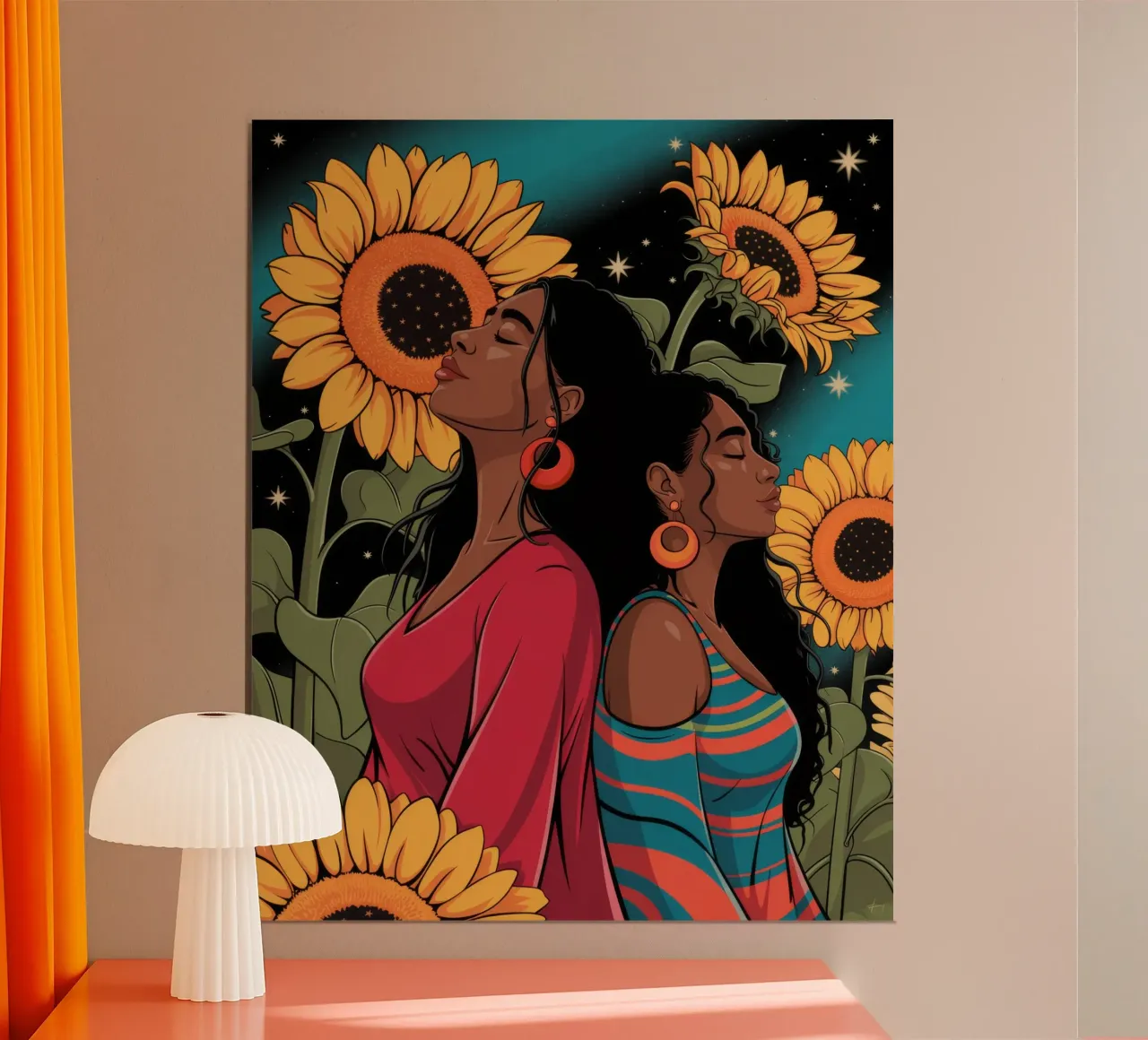 Sonnenblumennacht Umarmung Poster mit Holzrahmen von Silent Hue
