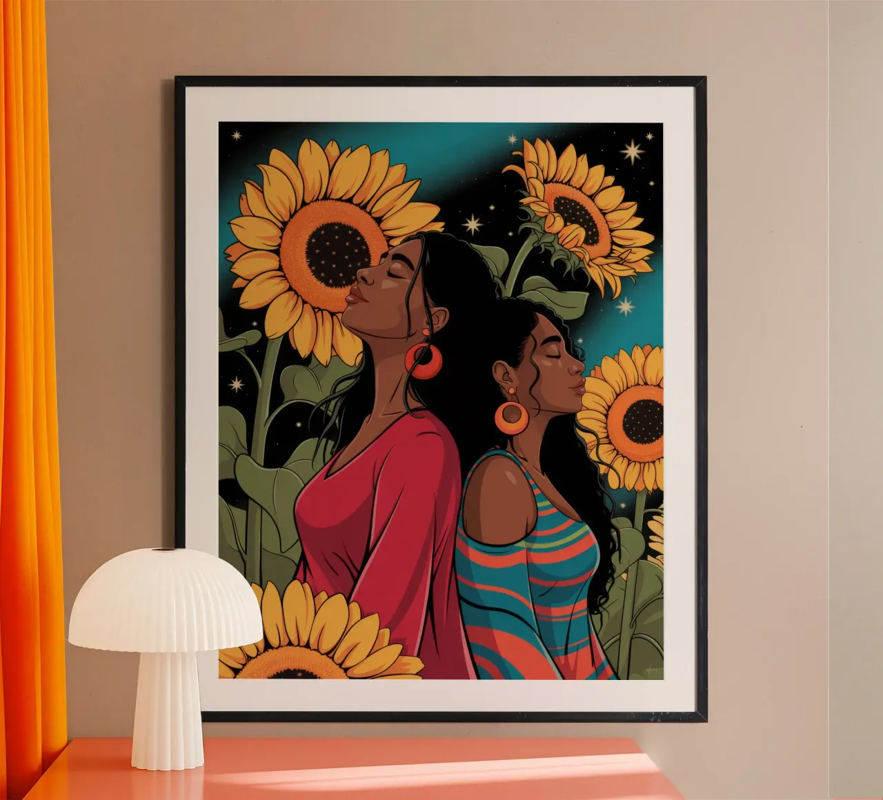 Sonnenblumennacht Umarmung Poster mit Holzrahmen von Silent Hue