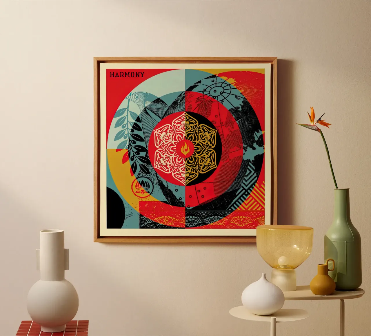 shepard fairey ARMONIA GLOBALE tela con Cornice a cassetta da American Poster