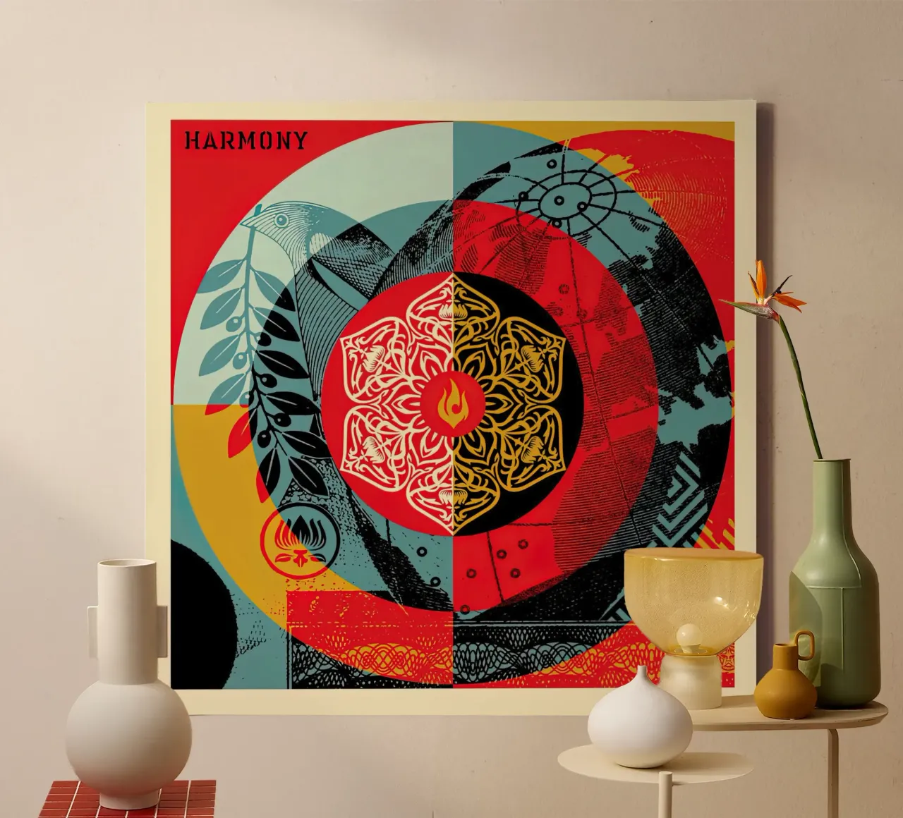 shepard fairey ARMONIA GLOBALE tela con Cornice a cassetta da American Poster