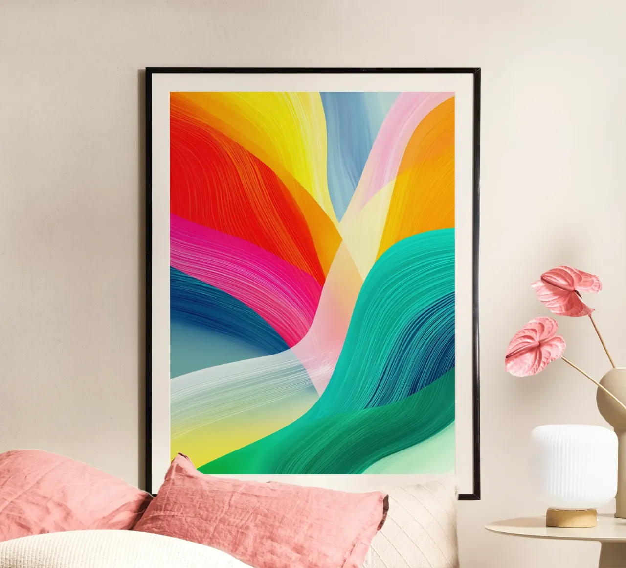 Abstracte kleurrijke regenboog bergen poster met aluminium frame van Autofocus