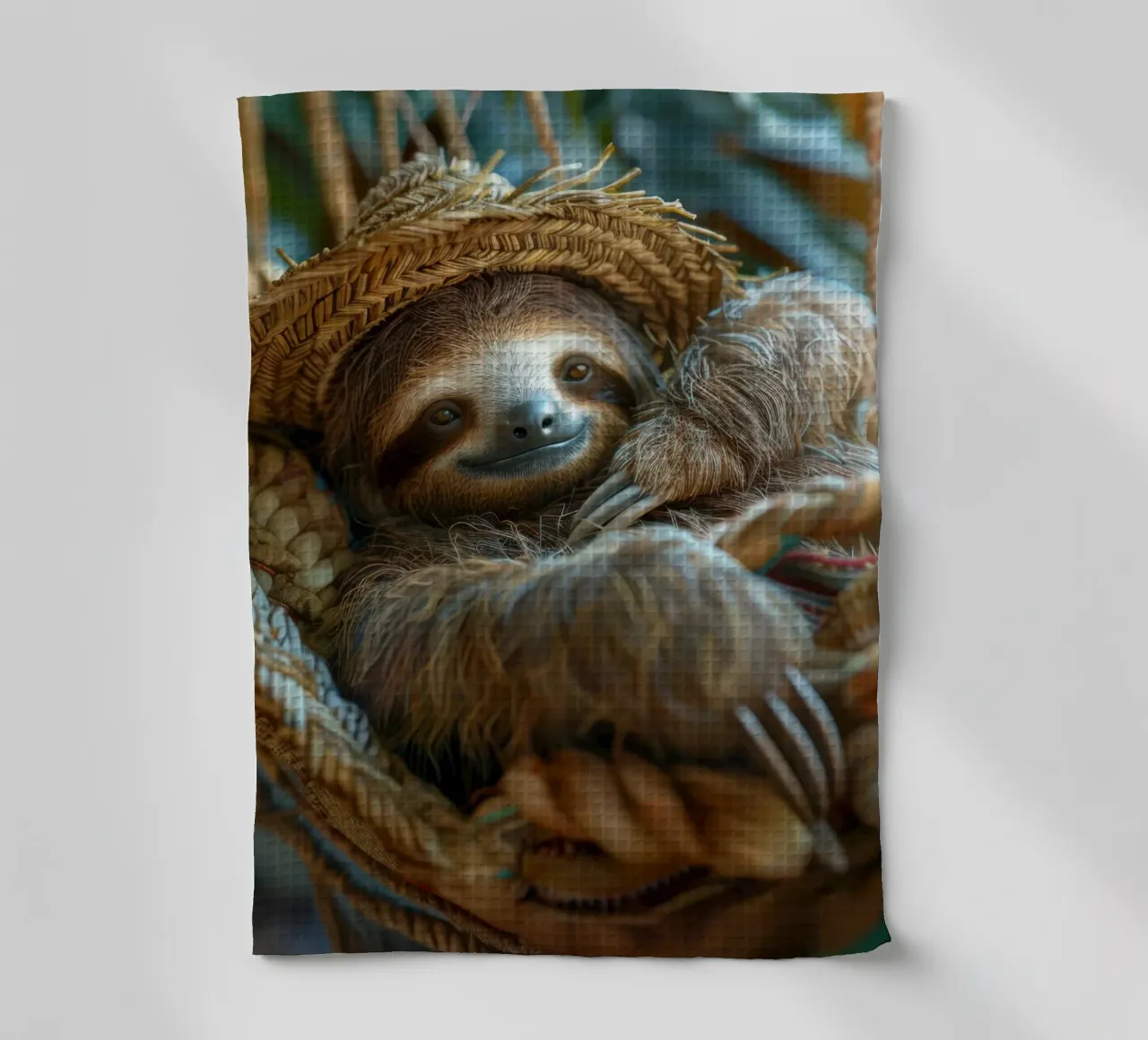 Cute animals: sloth with straw hat tea towel by SlothStella
