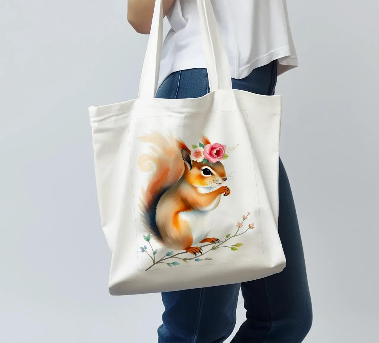 Scoiattolo con corona floreale borsa in juta da ARTOMATIC