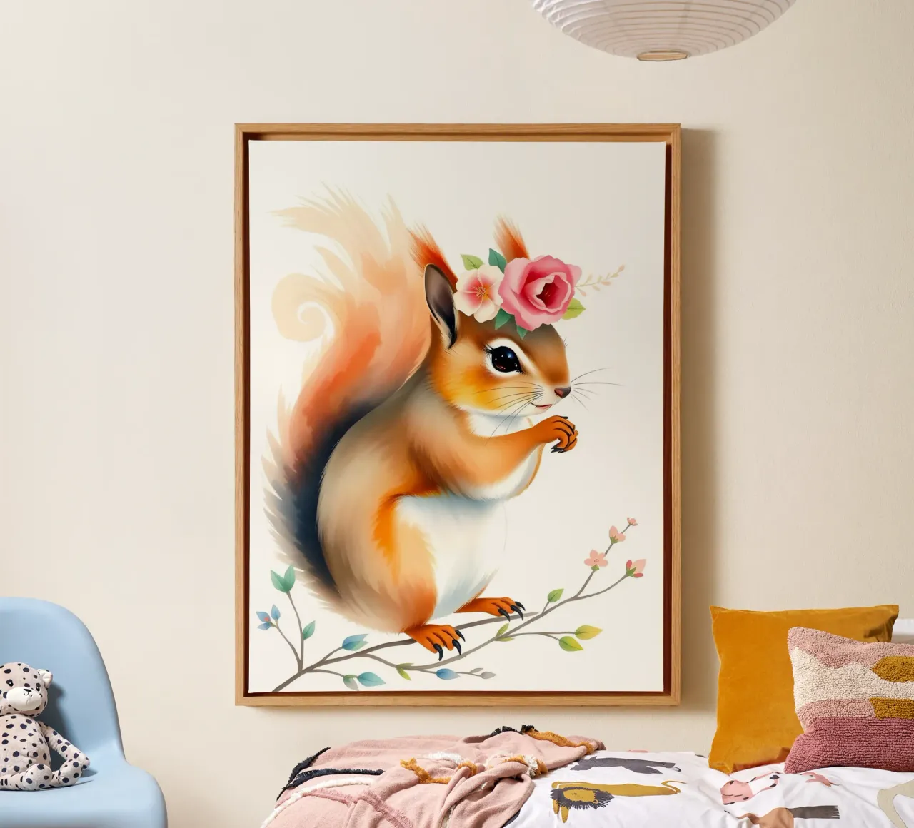 Scoiattolo con corona floreale tela con Cornice a cassetta da ARTOMATIC