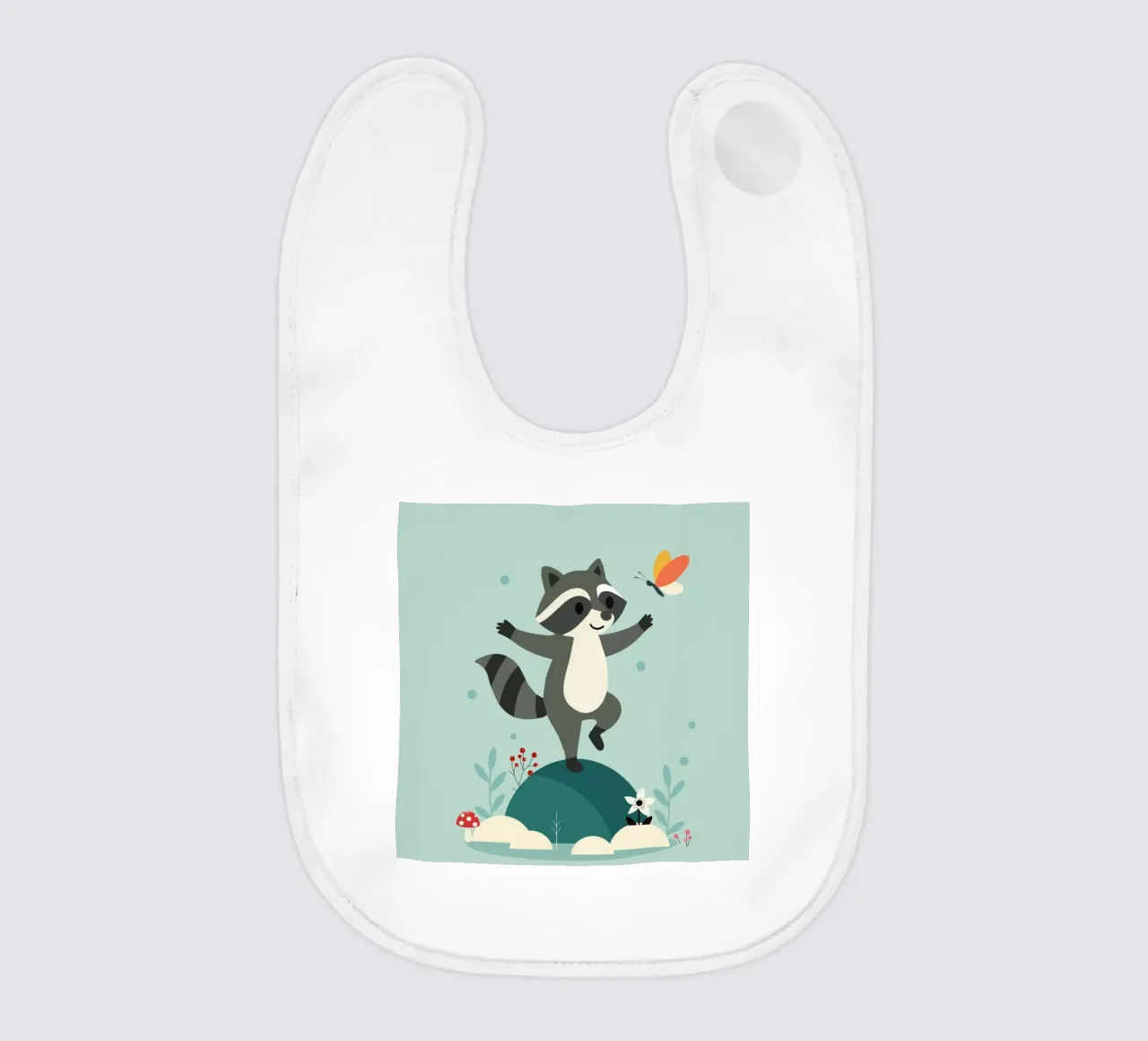 Dancing raccoon with butterfly - Playful motif baby bib by namosh